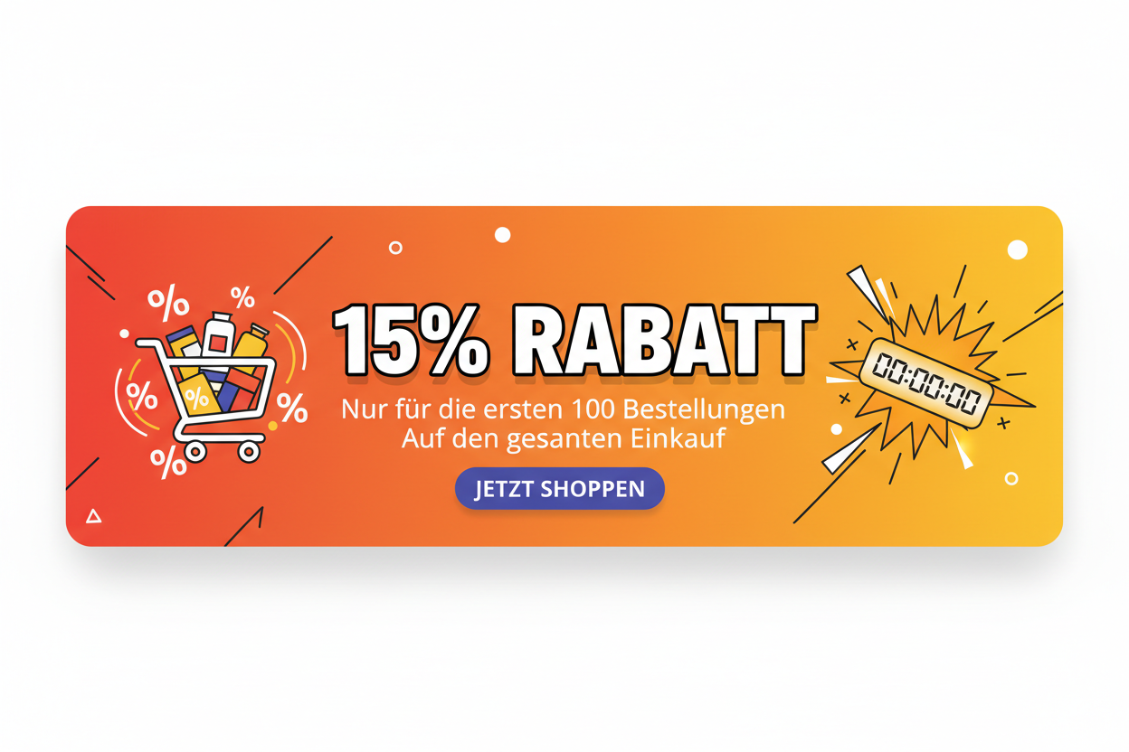 rabatt aktion für die ersten 100 bestellungen gibt es 15% rabatt auf den gesamten einkauf
